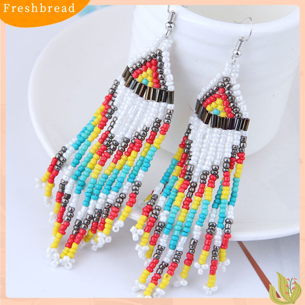 &lt; Freshbread &gt; Wanita Bohemian Panjang Manik-Manik Rumbai Drop Menjuntai Kait Anting Pesta Perhiasan Hadiah