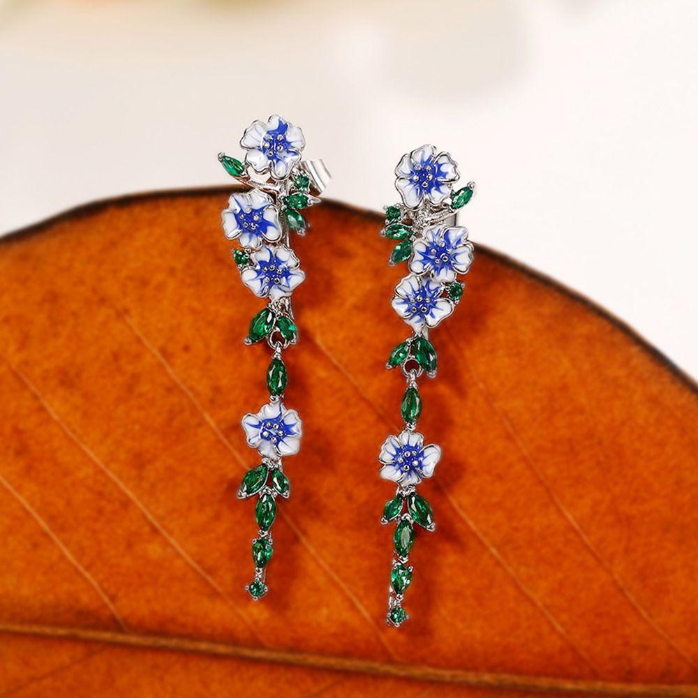 Lily Anting Gantung Panjang Wanita Bunga Biru Romantis Ear Studs