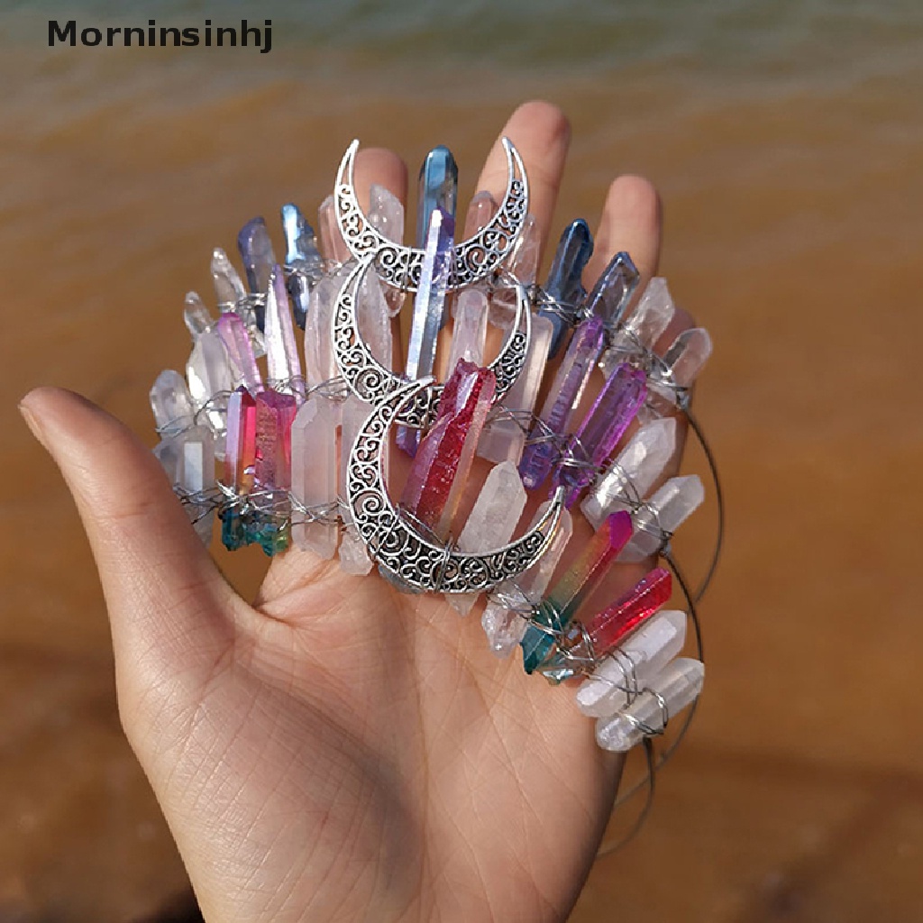 Mornin 1PC Wanita Bulan Dewi Mahkota Kristal Mentah Tiara Handmade Pesta Bando id