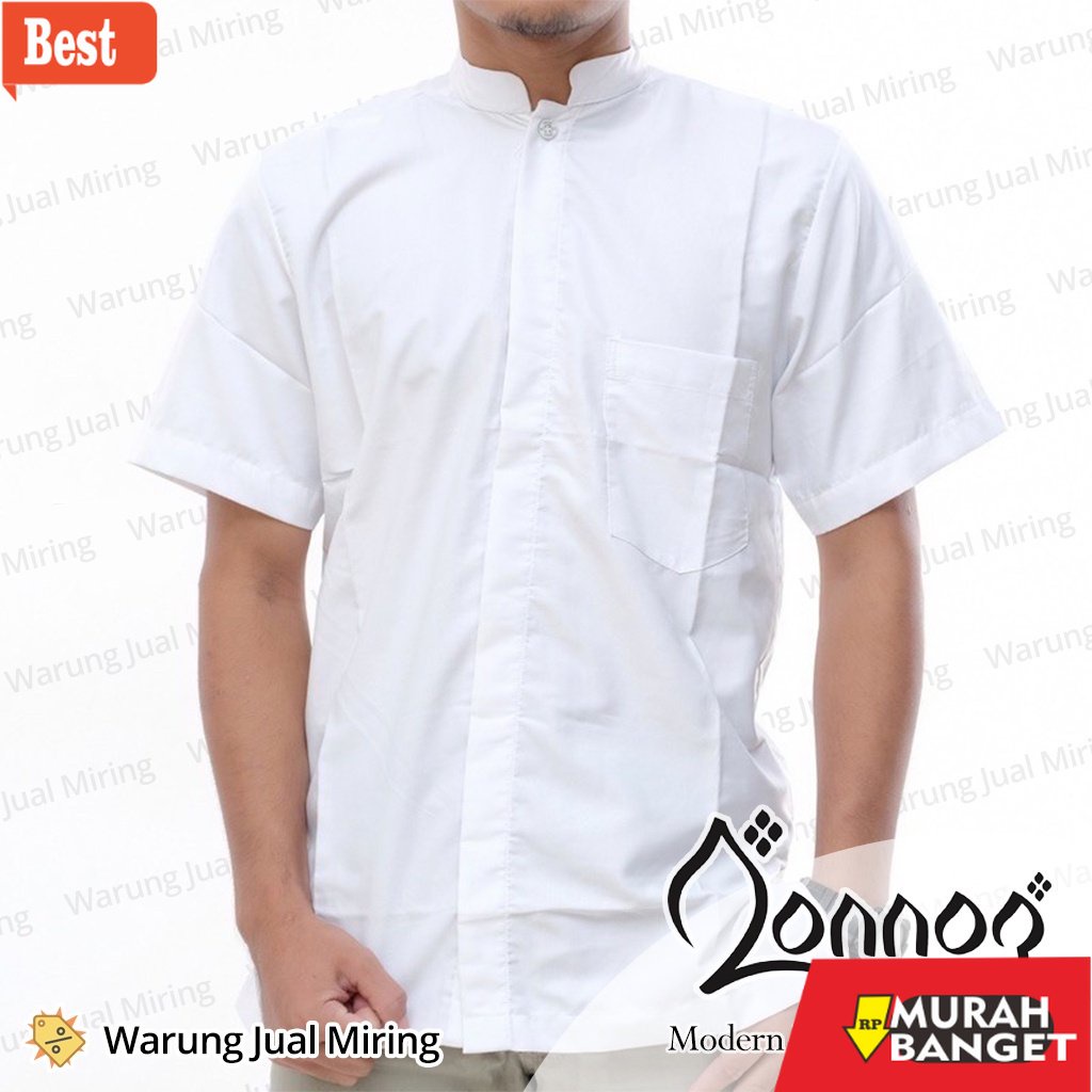 Kemeja untuk lebaran terbaru- Baju Koko QONNOQ Kemeja Lengan Pendek Putih Polos Premium Moslem Wear 