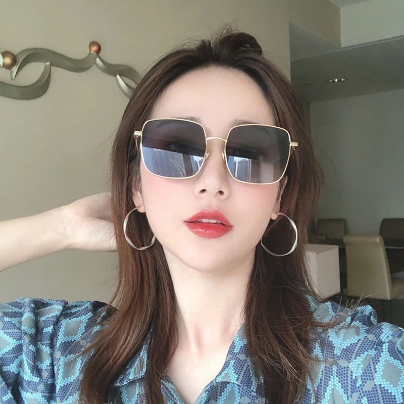 Papaozhu Chic Besar Perak Bingkai Persegi Kacamata Hitam Untuk Wanita Perempuan Gaya Perlindungan UV400 Mengemudi Nuansa Kepribadian Kacamata Daily Eyewear