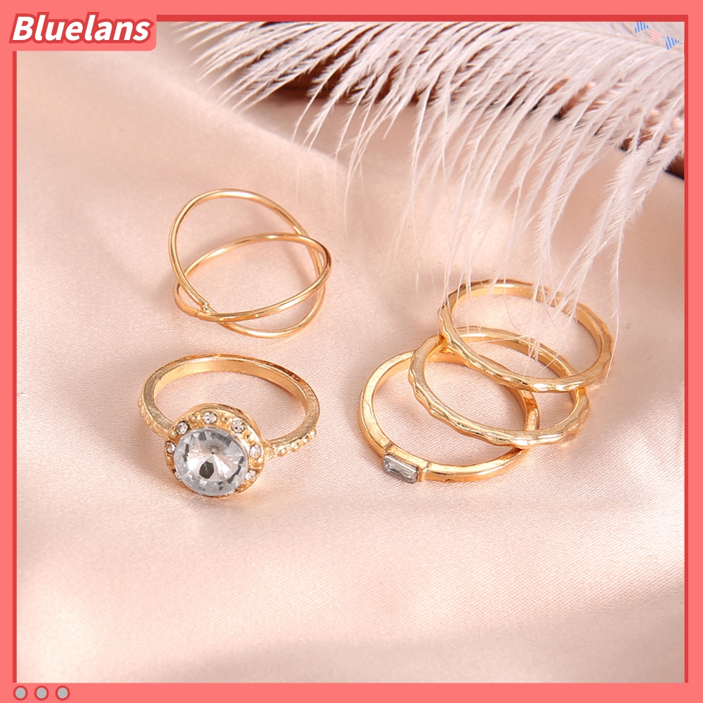 {In Stock} 5Pcs/Set Fashion Wanita Salib Bulat Cubic Zirconia Jari Cincin Perhiasan Pesta