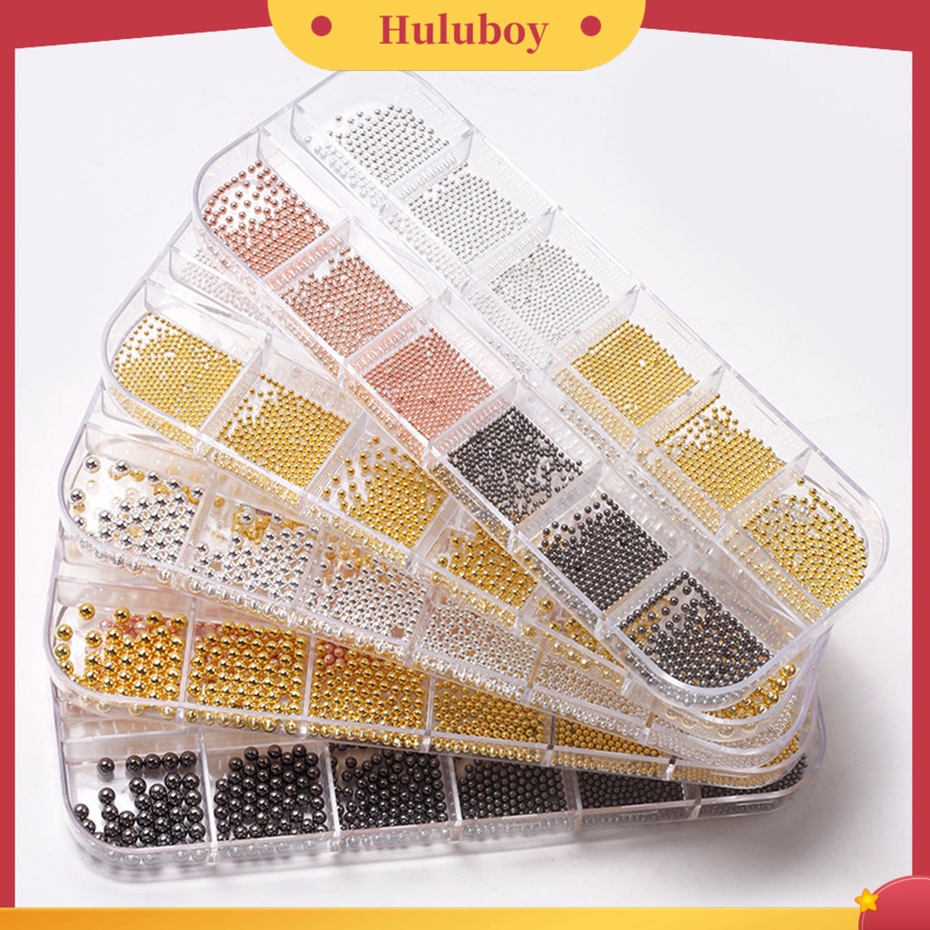 {In Stock} 1kotak Bola Baja Kuku Tiga Dimensi Berkilau Berkilau DIY Ukuran Campur 12kisi Bola Baja Bulat Hiasan Nail Art Untuk Salon Kuku