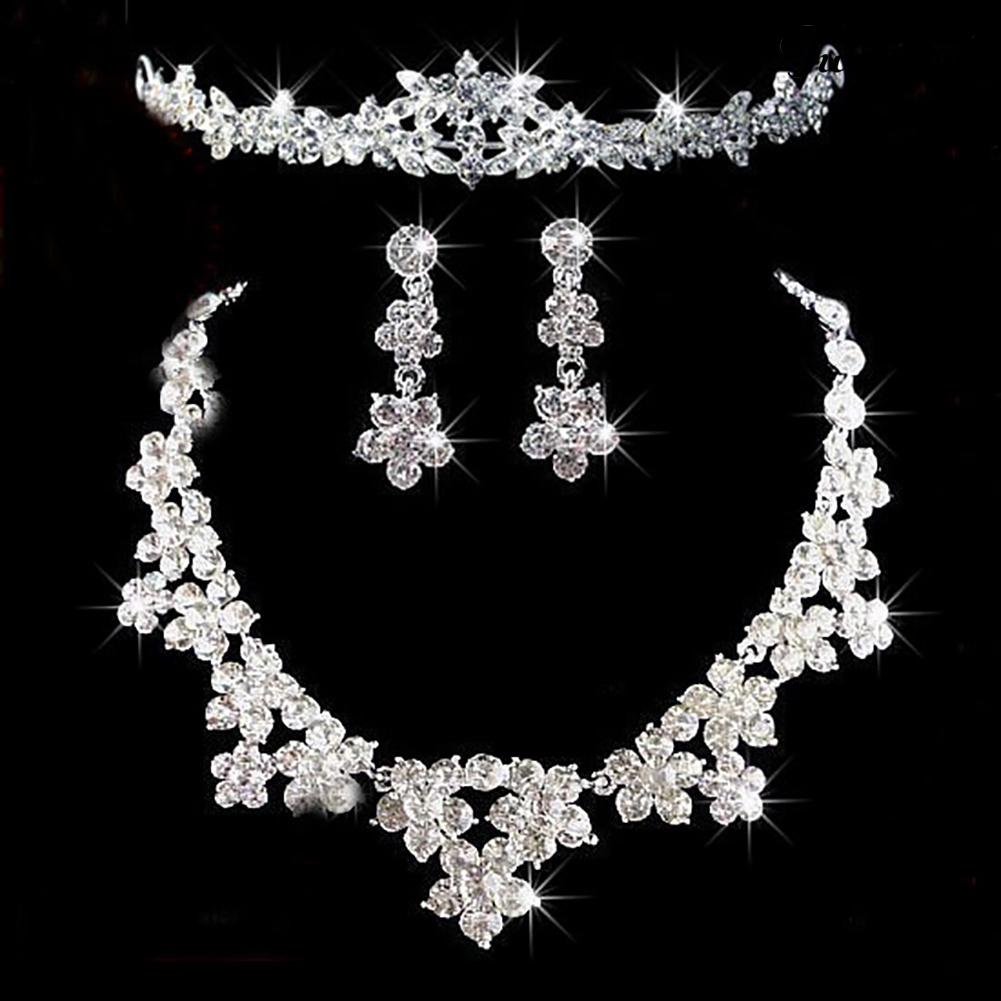 Twowood Elegan Berlian Imitasi Bridal Wanita Set Perhiasan Anting Kalung Kepala Rantai Tiara