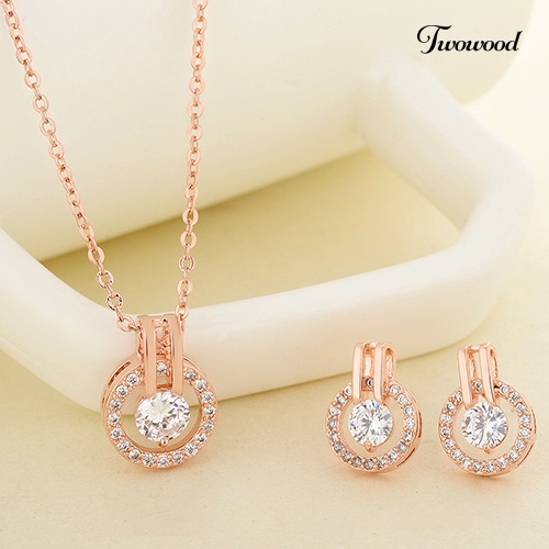 Twowood Women's Zircon Round Pendent Choker Rantai Kalung Anting Set Perhiasan Pernikahan