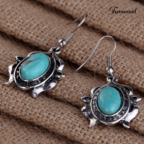 Twowood Women's Berongga Tibet Oval Turquoise Bib Kerah Kalung Anting Set Perhiasan