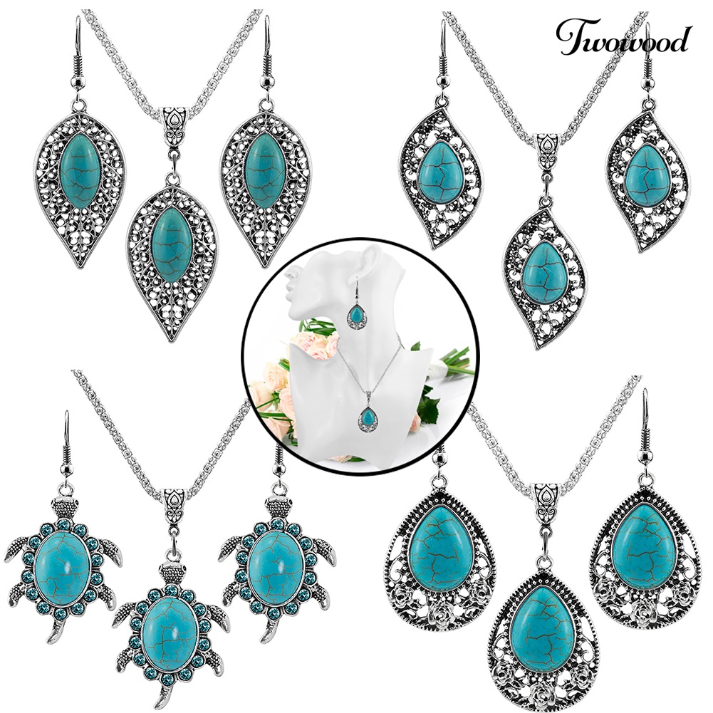 Twowood 3Pcs/Set Vintage Wanita Faux Turquoise Turtle Drop Leaf Pendant Earrings Perhiasan