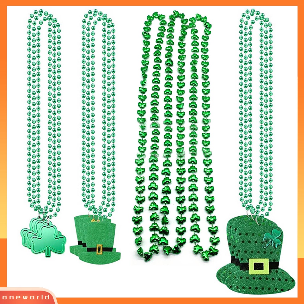 [OWR] Shamrock Kalung Beruntung Semanggi Hijau Topi Surat Panjang Bulat Manik-Manik Saint Patrick's Day Clover Dewasa Kalung Perlengkapan Pesta