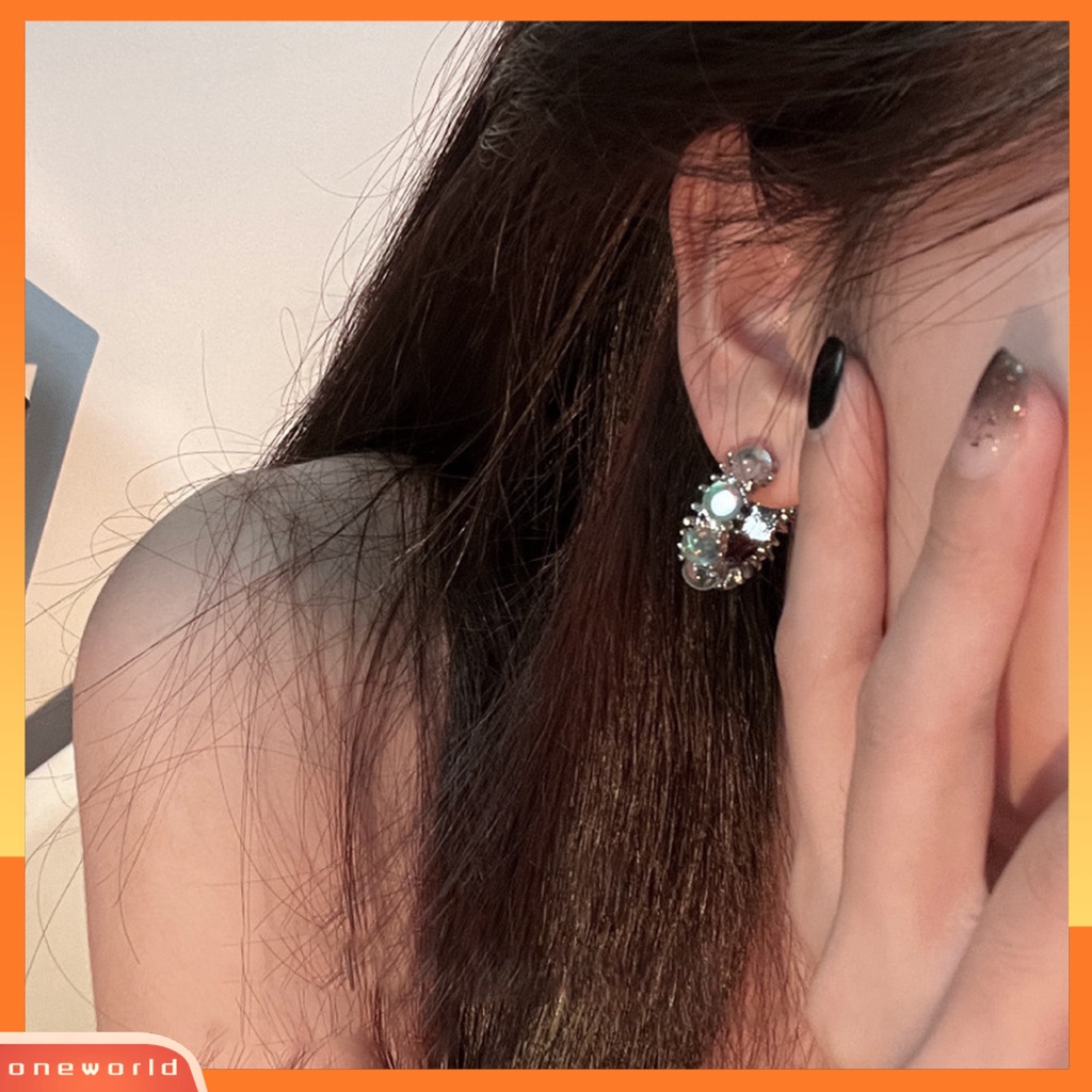 [OWR] 1pasang Ear Studs Bentuk Batu Permata Elegan Mengkilap Serbaguna Dress Up Alloy Manis Keren Gadis Moonstone Anting Perhiasan Fashion