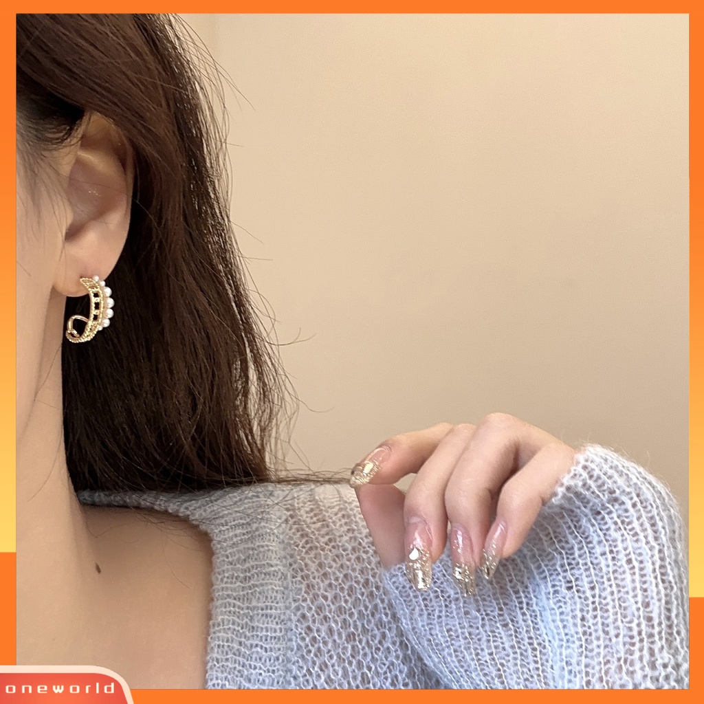 [OWR] 1pasang Anting Pejantan Electroplating Mutiara Imitasi Cubic Zirconia Temperamen Hias Dekorasi Niche Sparkling Split Hoop Earrings Perhiasan Aksesori