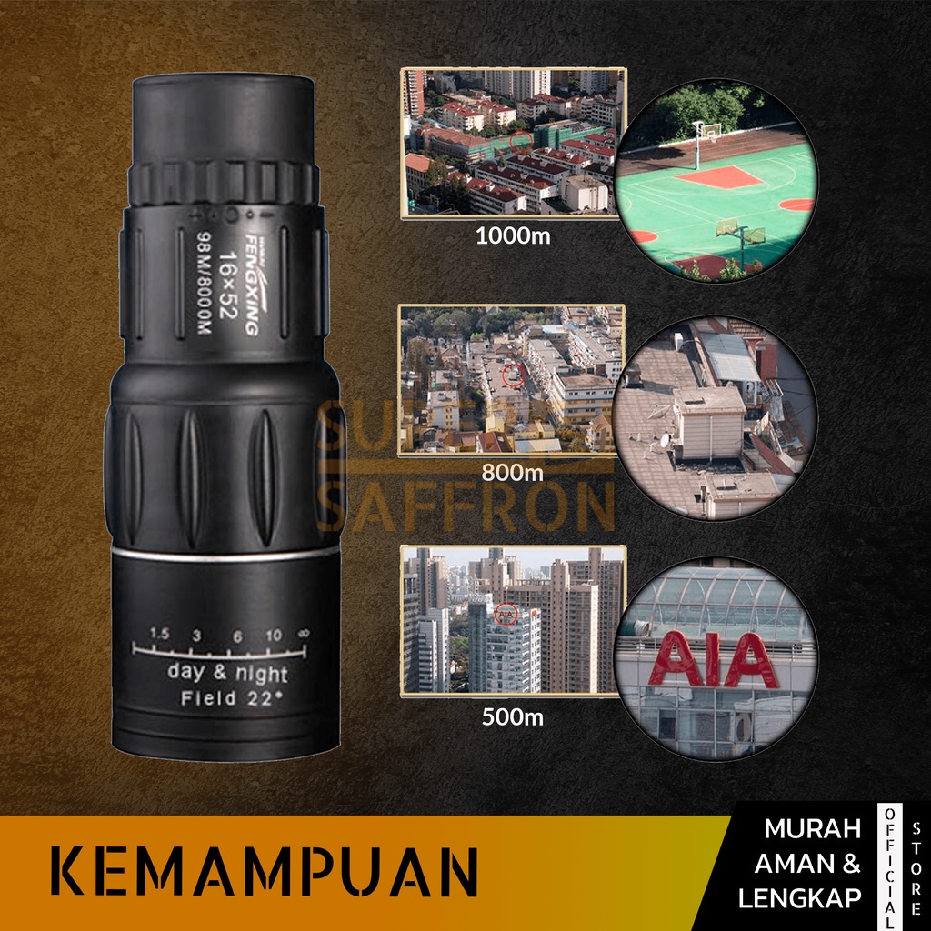 16×52 Teleskop Lensa Zoom HP Monokular Teropong Jarak Jauh Peralatan Focus