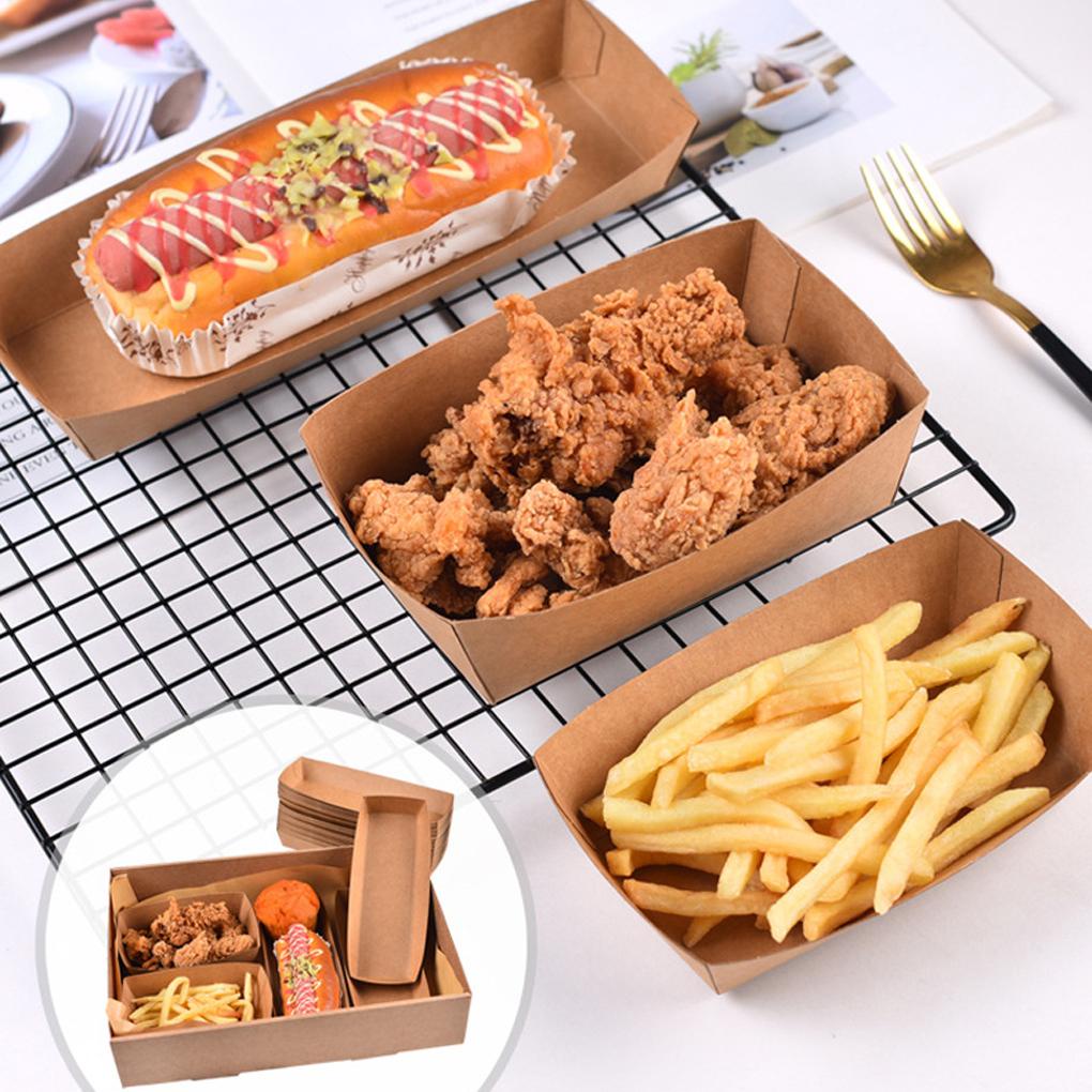 100pcs Kraft Paper Boat Packaging Open Box Container Take-Out Serving Tray Tahan Air Minyak Makanan Ringan Buah Sandwich