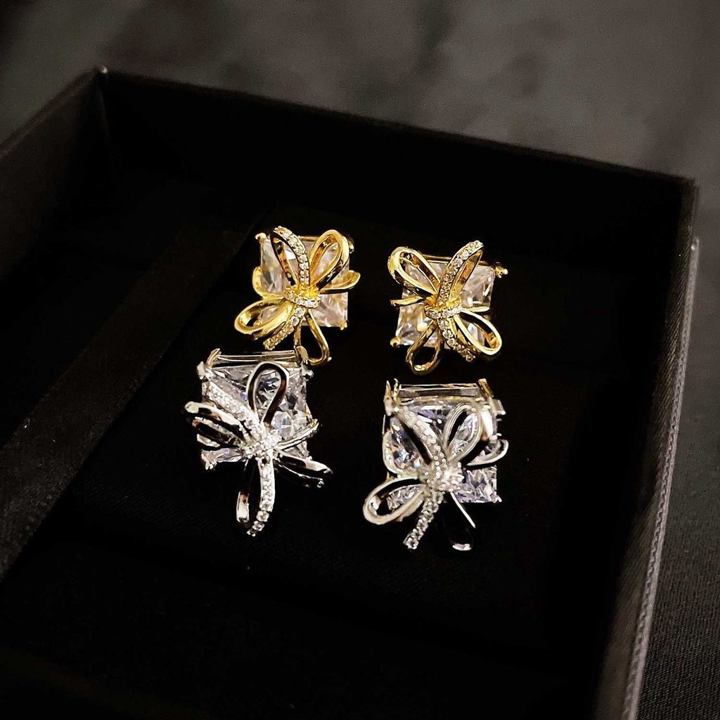 Goldkingdom Aksesoris Perhiasan Fashion Ready Stock Jewelry Gift Box Dengan Berlian Busur Stud Anting Perak Disepuh Jarum Earrings