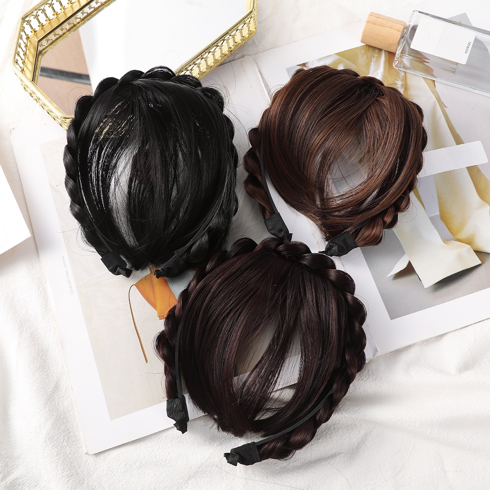 Kepang Wig Bando Dengan Poni Fashion Natural Air Bangs Hair Band Aksesoris Rambut Wanita