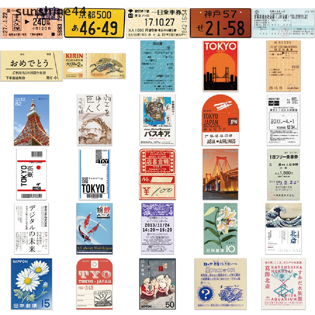 Sunshine 60PCS Japanese Postcard Ticket INS Style Stamp Stiker Alat Tulis Travel Diary Bagasi Tahan Air Helm Stiker ID