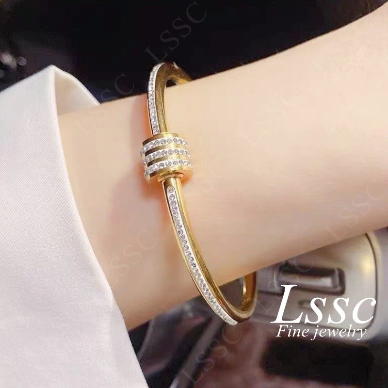 Gelang Titanium Wanita Anti Karat Permata Berlian Manik Emas 18K Cantik Mewah Fashion Korea Dewasa Bangle Aksesoris Perhiasan