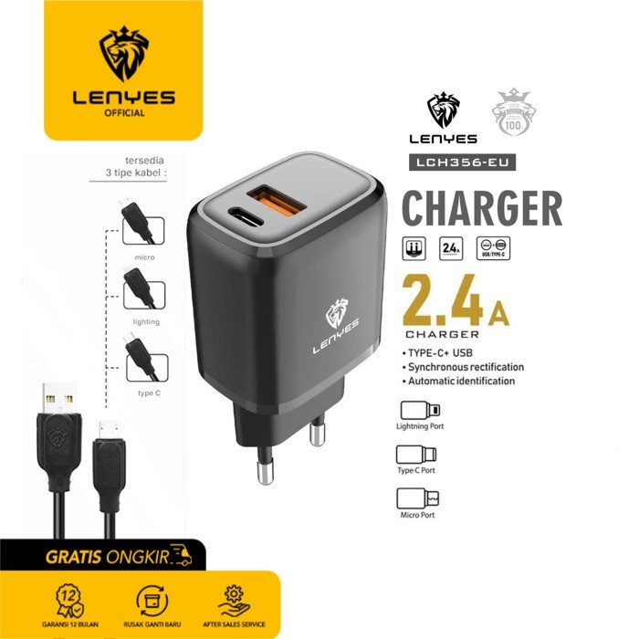 LENYES LCH356 Kepala Charger Kabel 2.4A 2 Port USB Type C Original - Micro USB original kabel cable casan travel charger tc android usb charger micro usb type c batok kepala charger