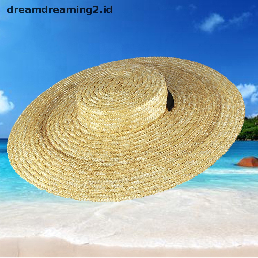 (hot) Topi Jerami Pinggiran Lebar Untuk Wanita Pita Panjang Ladies Beach Hat Summer Sun Visor Cap//