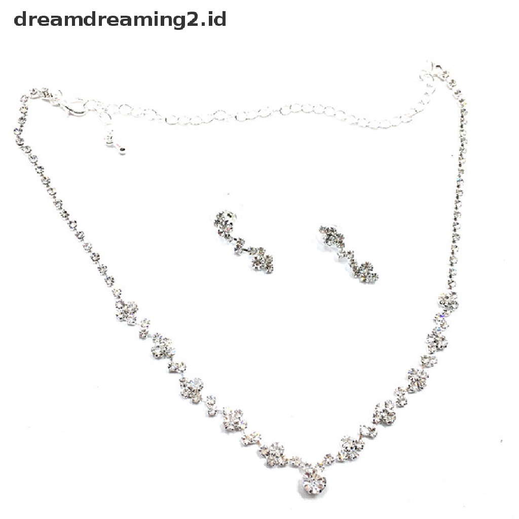 (hot) Set Anting Kalung Kristal Bridesmaid Perak Perhiasan Wedding Bridal//