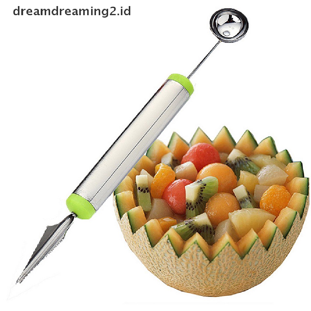 (hot) New Stainless Steel Ice Cream Double-End Scoop Spoon Melon Baller Cutter Buah Sendok Scoop Ice Cream Melon Buah Stainless Steel Baru Melon Baller Pemotong Ukir Stainle Panas