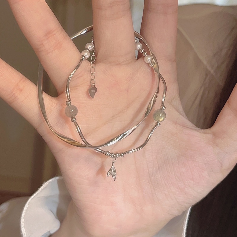 Kami Bunga Elegan S925 Perak Mutiara Opal Manik-Manik Fishtail Pesona Gelang Untuk Wanita Gadis Korea Fashion Mermaid Gelang Trendi Persahabatan Pergelangan Tangan Perhiasan Aksesoris