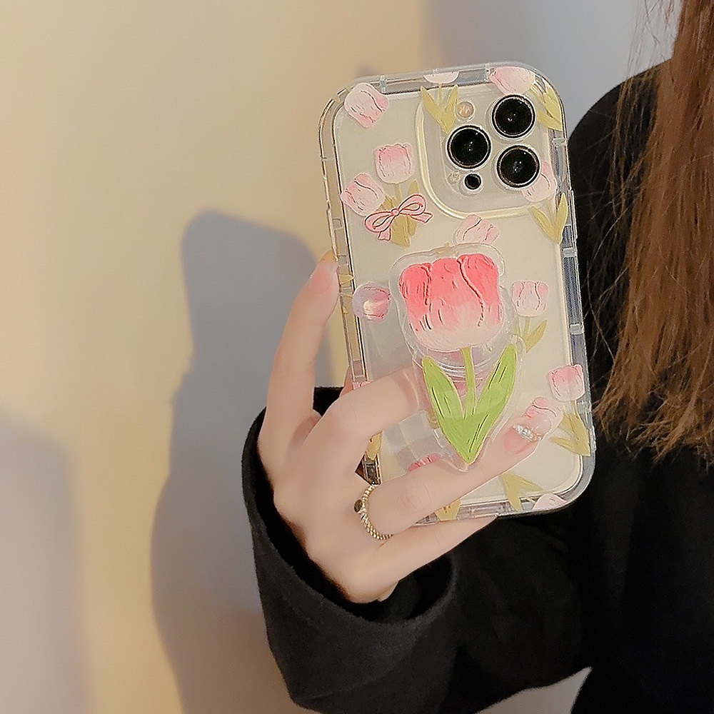 IPHONE Ins Pink Oil Tulips Silicone Case Dengan Tempat Tulip Untuk Iphone14 11 12 13 PRO MAX Casing Cover Pelindung AT0154