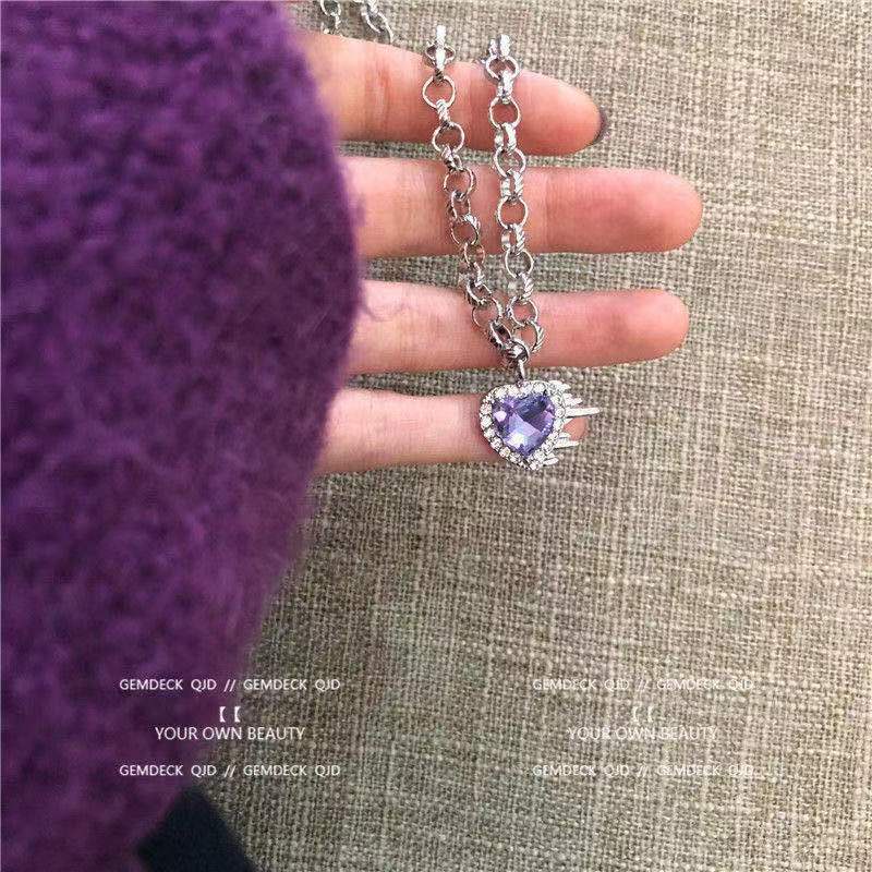 Fashion Kalung Liontin Zirkon Kristal Ungu Jantung Choker Rantai Perak Untuk Aksesoris Perhiasan Wanita