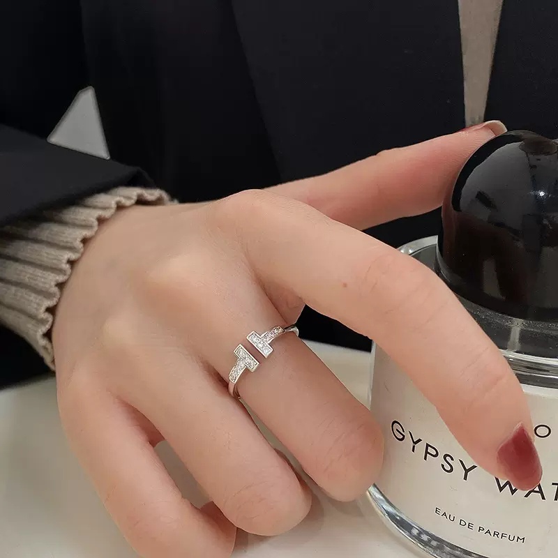 Kami Bunga Halus Emas Perak Zirkon Berkilau Ganda T Terbuka Cincin Untuk Wanita Gadis Pecinta Korea Trendi Pasangan Rings Fashion Jari Manset Perhiasan Aksesoris