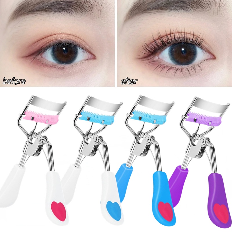 1pc Portable Peach Heart Handle Penjepit Bulu Mata Dengan Sisir Berbentuk Kipas Wide-angle Curling Eyelash Clip Kosmetik Alat Kecantikan Mata