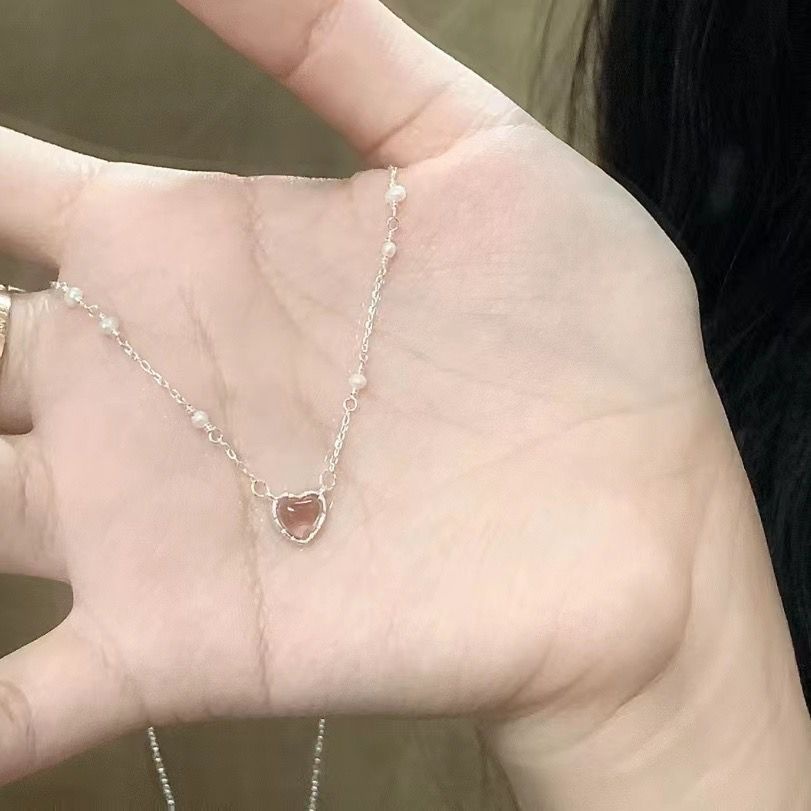 Ifyou Opal Kalung Liontin Hati Pink Kristal Mutiara Emas Rantai Choker Untuk Aksesoris Perhiasan Wanita