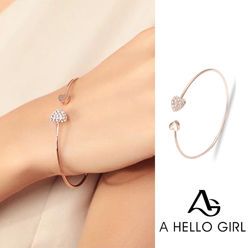 Ahellogirl Gelang Korea Full Berlian Love Open Bangle Lapis Emas Untuk Wanita