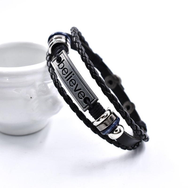 [Z H Jewelry] Vintage believe Beaded Leather Bracelet Fashion Pria Dan Wanita Stainless Steel Multilayer Gelang Punk Pesta Rock Perhiasan Aksesoris