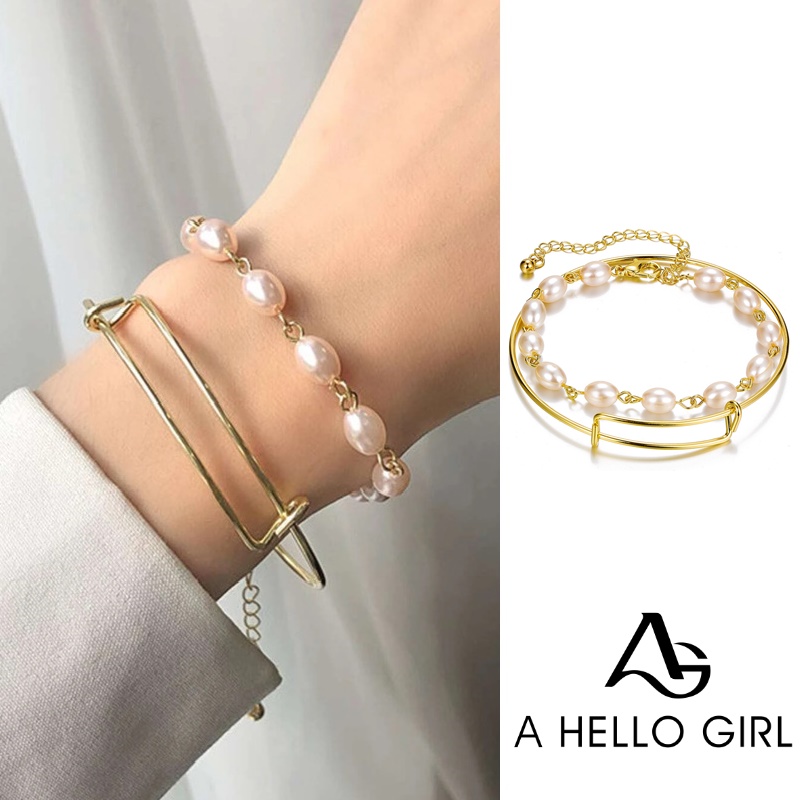 2pcs Gelang Mutiara Hollow Bahan Metal Gaya Retro Untuk Wanita