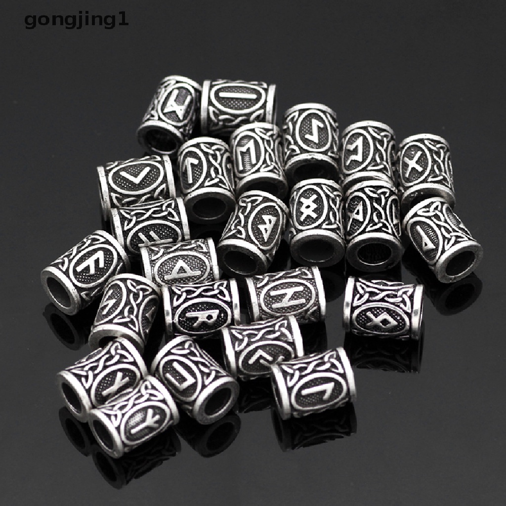 Ggg 24pcs Viking Runes Set Manik-Manik Longgar Spacer Manik-Manik Untuk Kepang Rambut Gimbal Beads DIY Membuat Perhiasan ID