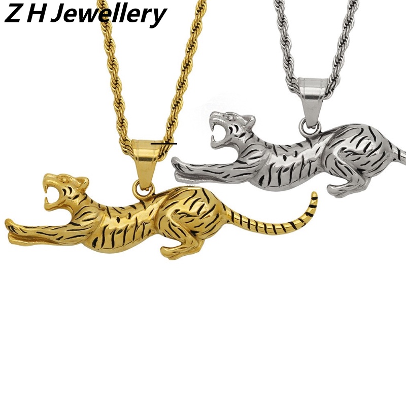 [Z H Perhiasan] Retro 18K Emas Disepuh Leopard Hip Hop Liontin Fashion Pria Dan Wanita Anti Karat Kalung Punk Pesta Batu Baja Titanium Perhiasan Aksesoris