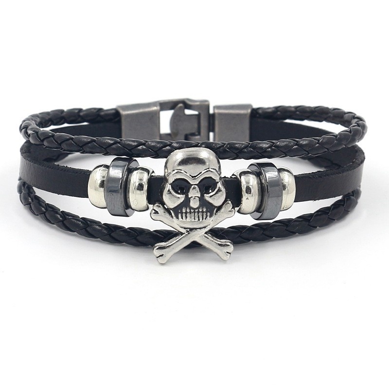 [Z H Perhiasan] Vintage Rock Skull Gelang Kulit Asli Fashion Pria Dan Wanita Anti Karat Multilayer Manik-Manik PU Gelang Punk Pesta Perhiasan Aksesoris