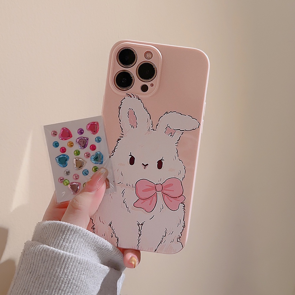 IPHONE Cute Pink Bunny Kelinci Perlindungan Penuh Lembut Casing Ponsel Cover Dengan DIY Berlian Imitasi Stiker Untuk Iphone11 12 13 14 PLUS PRO MAX