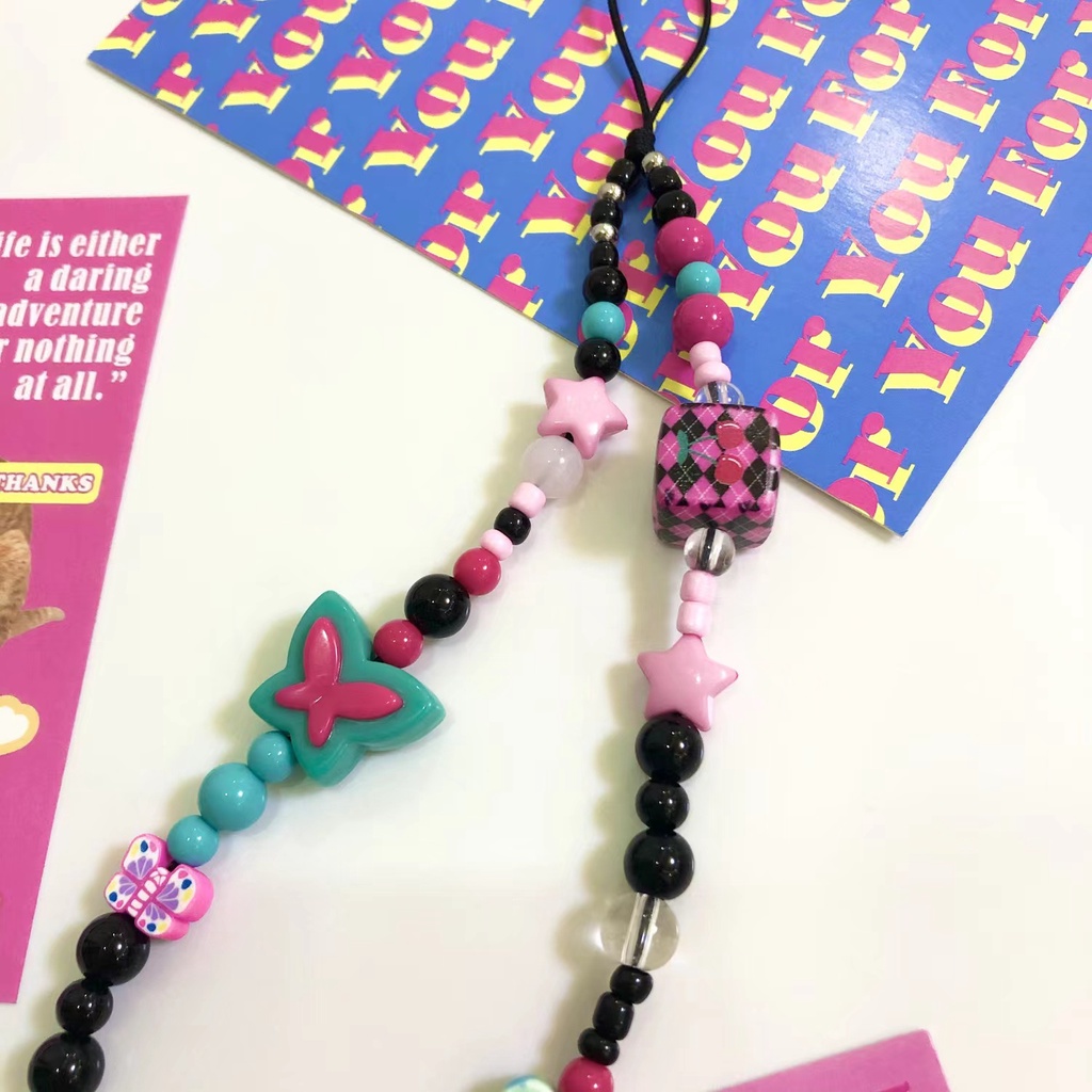 Y2k Gaya Kupu-Kupu Dadu Rantai Ponsel Anti Hilang Lembut Tembikar Tali Strap Lanyard Manik-Manik Akrilik Warna-Warni Kasus Ponsel Kabel Gantung L158-1