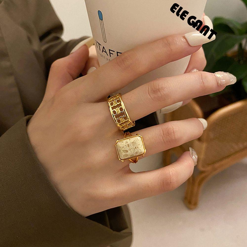 [Elegan] Wanita Triumphal Arch Ring Fashion Vintage Motif Marmer Persegi Temperamen Retro Terbuka Buku Jari Cincin