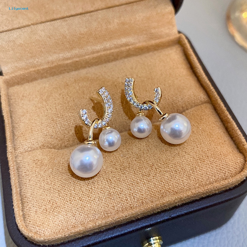 Lilyscent 1pasang Padat Wanita Anting Fashion Perhiasan Mempesona Berlian Imitasi Stud Earrings Dual Faux Pearls