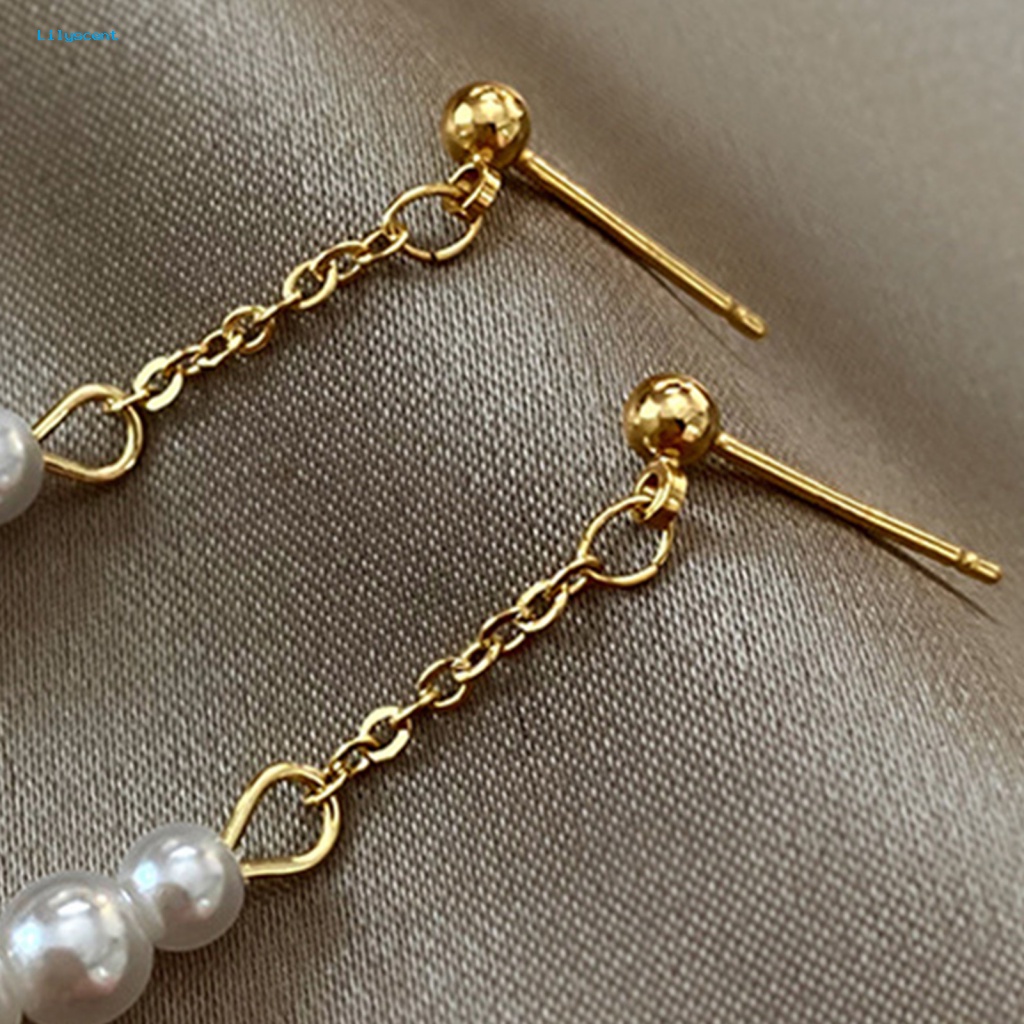 Lilyscent 1pasang Hypoallergenic Stud Earrings Fashion Perhiasan Shiny Faux Pearl Tassel Stud Earrings Golden