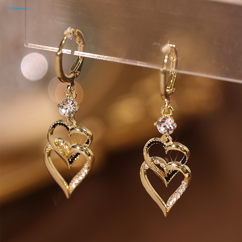 Lilyscent 1pasang Geometris Drop Earrings Retro Perhiasan Wanita Double Layer Hati Menjuntai Earrings Vintage