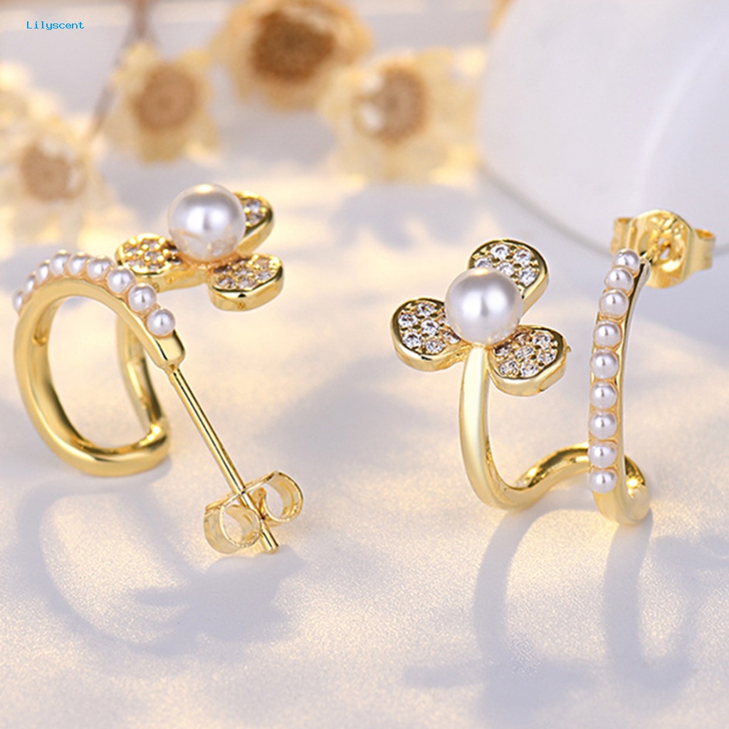 Lilyscent Fashion Jewelry Stud Earrings Untuk Pesta Berkilau Berlian Imitasi Bunga Telinga Studs U-shaped