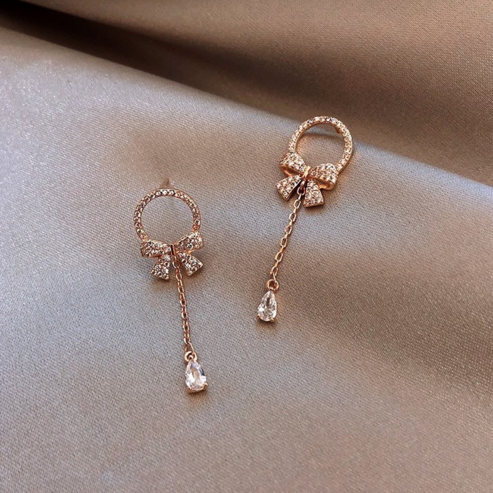 Anting Stud S925 Silver Needle Model Pita Rumbai Aksen Berlian Gaya Korea Untuk Wanita