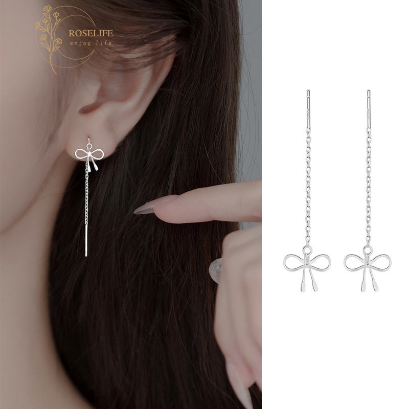 Roselife Halus s925 Perak Rantai Panjang Berongga Busur Menjuntai Anting-Anting Untuk Wanita Gadis Elegan Ikatan Simpul Drop Earring Fashion Telinga Perhiasan Hadiah