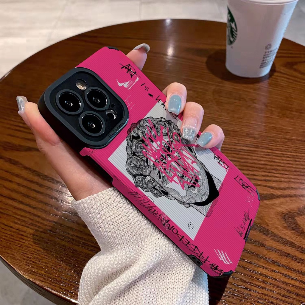 【Lamb Skin】Cool Graffiti portrait Pink Red Leather Soft Case for IPhone 6S 7 Plus 8 Plus X XS XR XS Max 11 13 12 14 PRO Max 14 Plus 12 13 Mini Ins Fashion Girl Women's Gift