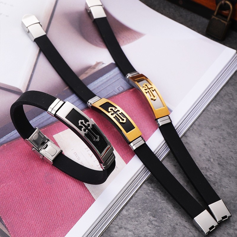 Z H Perhiasan Vintage Hip Hop Rock Stainless Steel Salib Silikon Gelang Untuk Pria Dan Wanita Fashion Pasangan Gelang Hip Hop Pesta Perhiasan Aksesoris