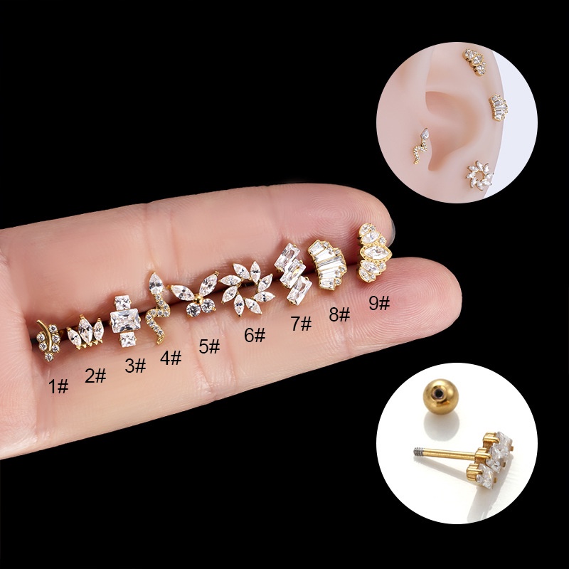 1biji Stainless Steel Zirkon Tulang Rawan Tragus Helix Earring Stud 20Gauge Piercing Barbel Daun Mahkota Ular Bentuk Kupu-Kupu