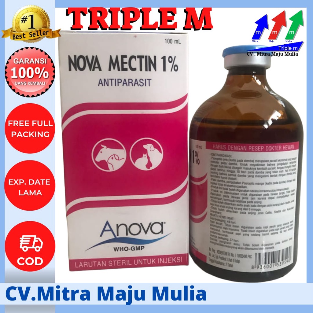 NOVA MECTIN 1% Triple M- Obat ANTIPARASIT (cacing/gudeg) pada HEWAN