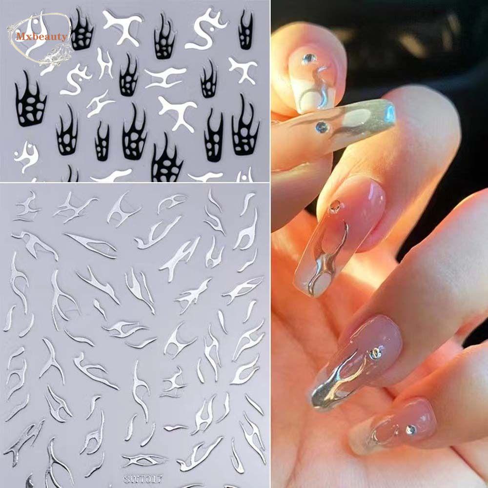 Mxbeauty Flame Nail Stiker Fashion Ins Gaya Perak Api Berbentuk Tidak Teratur Self Adhesive Nail Dekorasi